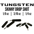 Kenders Skinny Drop Shot Weights in black tungsten material shown in three sizes 1/8 oz, 3/16 oz, and 1/4 oz, designed for precise fishing tackle applications.