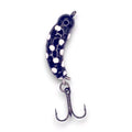 Kenders Tungsten Mighty Maggot Jr. fishing lure in black with white spots, featuring a curved body design and a sharp treble hook for effective fishing tackle use.