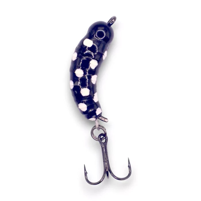 Kenders Tungsten Mighty Maggot Jr. fishing lure in black with white spots, featuring a curved body design and a sharp treble hook for effective fishing tackle use.