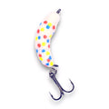Kenders Tungsten Mighty Maggot fishing lure with a curved white body featuring red, blue, and yellow spots and a sharp treble hook for fishing tackle.