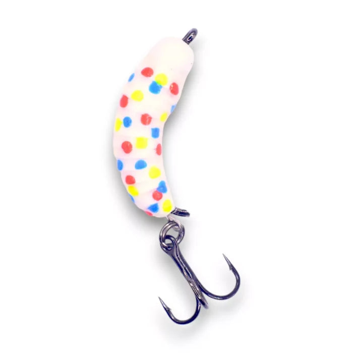 Kenders Tungsten Mighty Maggot fishing lure with a curved white body featuring red, blue, and yellow spots and a sharp treble hook for fishing tackle.