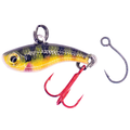 Kenders Tungsten T-Rip Mini Vibe fishing lure with a yellow and green fish-like body and attached red treble hook, shown alongside an additional single fishing hook.