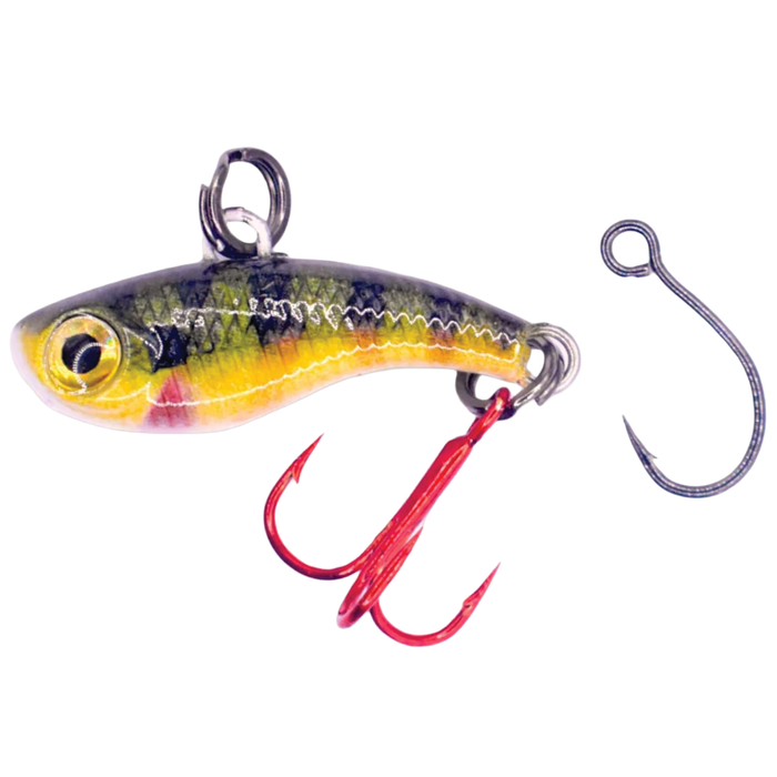 Kenders Tungsten T-Rip Mini Vibe fishing lure with a yellow and green fish-like body and attached red treble hook, shown alongside an additional single fishing hook.