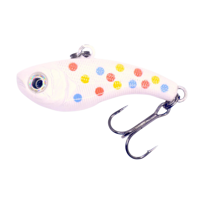 Kenders Tungsten T-Rip XL fishing lure with a white body and colorful red, blue, and yellow spots, featuring a realistic eye and sharp treble hook for effective fishing tackle.