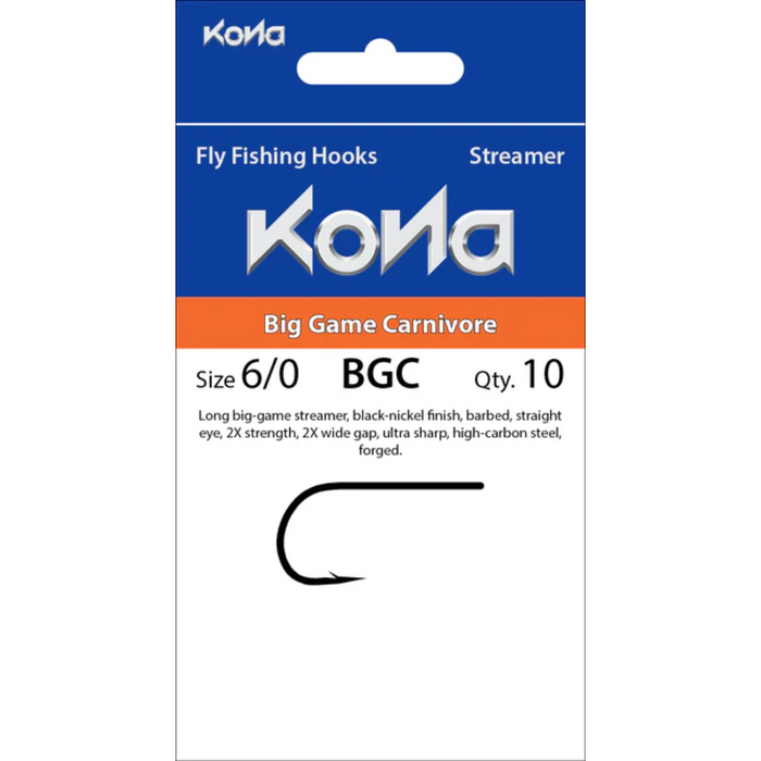 Kona Big Game Carnivore Hook package showing size 6/0 black-nickel fly fishing hook with barbed, straight eye design, forged from high-carbon steel, ideal for big-game streamer fishing.