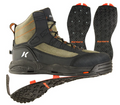 Korkers Greenback OmniTrax Wading Boot in green and black with orange accents, featuring durable mesh and rubber upper, high-traction removable soles, and secure ankle support for fishing.
