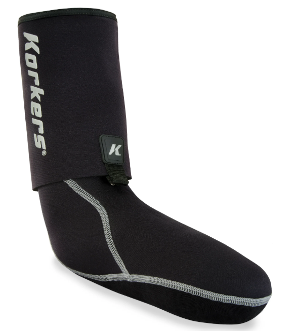 Korkers I-Drain Neoprene Guard Sock in black with reinforced stitching, designed to protect and drain moisture, ideal for fishing tackle use and outdoor water activities.