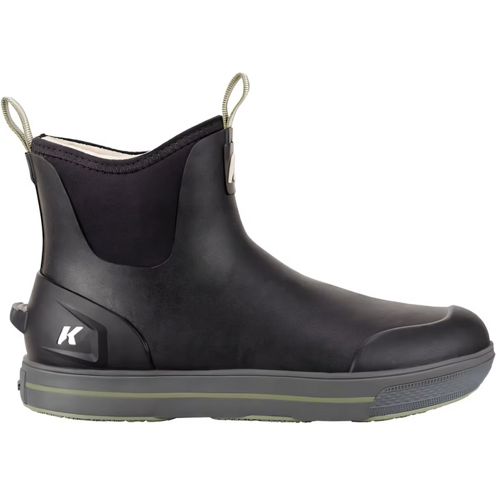Korkers Neo Flex Thermo w/Fixed Kling-On Sole - Men's Ankle Boots in black with olive green sole, designed for fishing with waterproof material and durable slip-resistant sole.