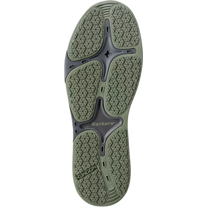 Sole view of Korkers Neo Flex Thermo w/Fixed Kling-On Sole - Men's Ankle Boots featuring textured green rubber tread with grip patterns for enhanced traction on wet surfaces.