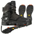 Korkers River Ops Vibarm Wading Boot in black with reinforced ankle support, textured grip sole with metal studs for traction, and durable waterproof construction ideal for fly fishing and outdoor water activities.