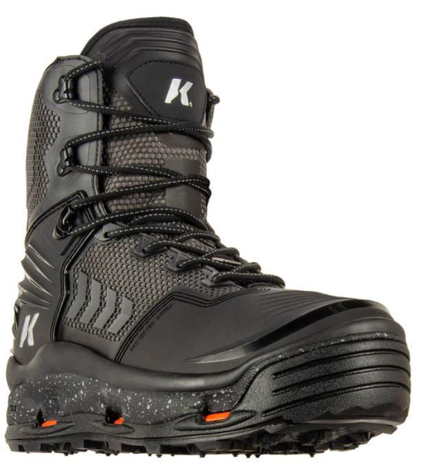 Black waterproof high-top outdoor boot with textured grip sole, reinforced toe, and lace-up front, designed for fishing and wading in rugged conditions, Korkers River Ops Vibarm Wading Boot.