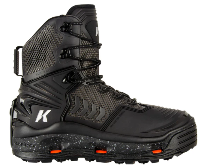 Korkers River Ops Vibarm Wading Boot in black featuring durable synthetic upper, reinforced toe, adjustable lacing, and textured sole designed for enhanced grip on wet surfaces.