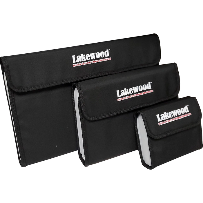 Three black Lakewood Lure Wallets in small, medium, and large sizes, each with a fold-over flap and white logo text on the front, designed for organizing fishing lures and tackle.