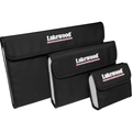 Three black Lakewood Lure Wallets in small, medium, and large sizes, each with a fold-over flap and white logo text on the front, designed for organizing fishing lures and tackle.