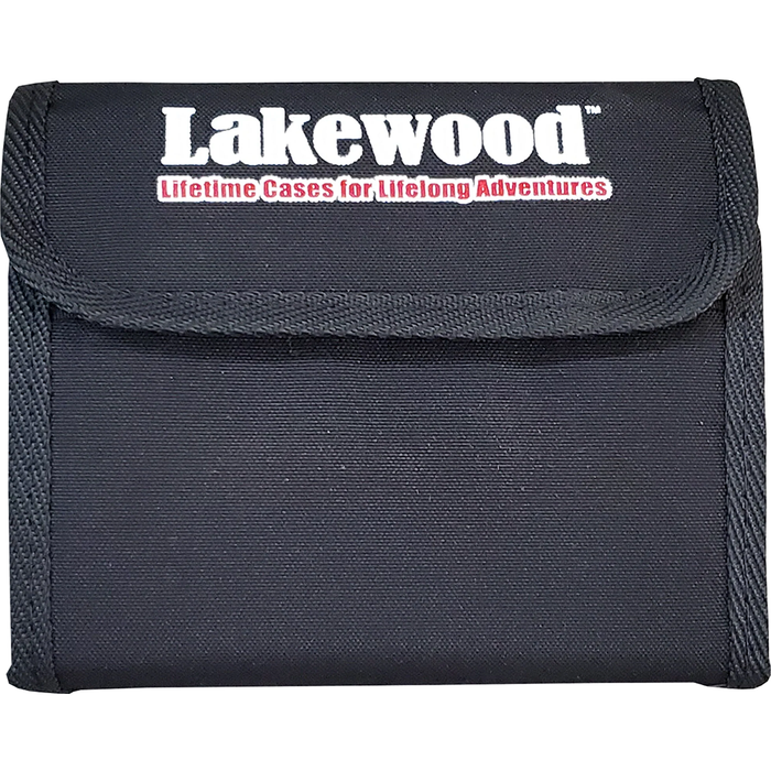 Black durable fabric case with a fold-over flap featuring the Lakewood logo and tagline, designed to organize and protect fishing lure storage, named Lakewood Lure Wallet.