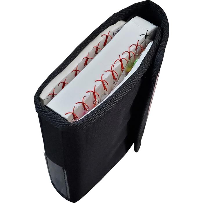 Lakewood Lure Wallet showing a compact black fabric case holding organized fishing lures with red hooks, designed for secure and convenient tackle storage.