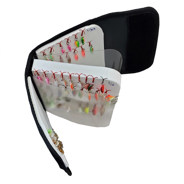 Lakewood Lure Wallet open to show organized rows of colorful fishing lures with red hooks inside a black foldable case for fishing tackle storage.