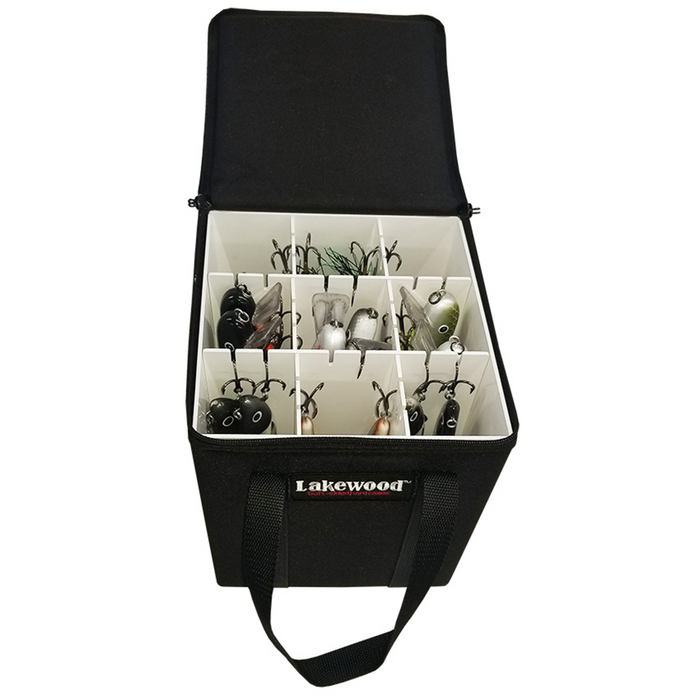 Lakewood Musky Box - Shallow Invader showing an open black tackle box with multiple compartments storing various fishing lures with hooks inside, designed for musky fishing tackle organization.