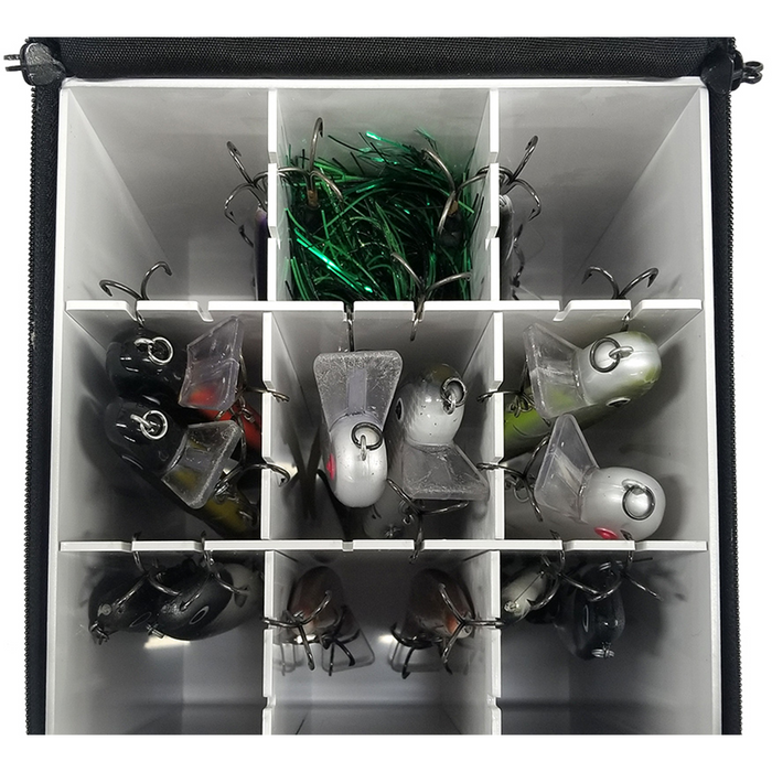 Top view of the Lakewood Musky Box - Shallow Invader showing organized compartments filled with various fishing lures and green skirted hooks for musky fishing tackle.