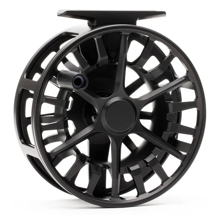 Lamson Guru S HD Fly Reel in matte black finish with a large arbor design and ergonomic handle, ideal for precision fly fishing and durable performance.