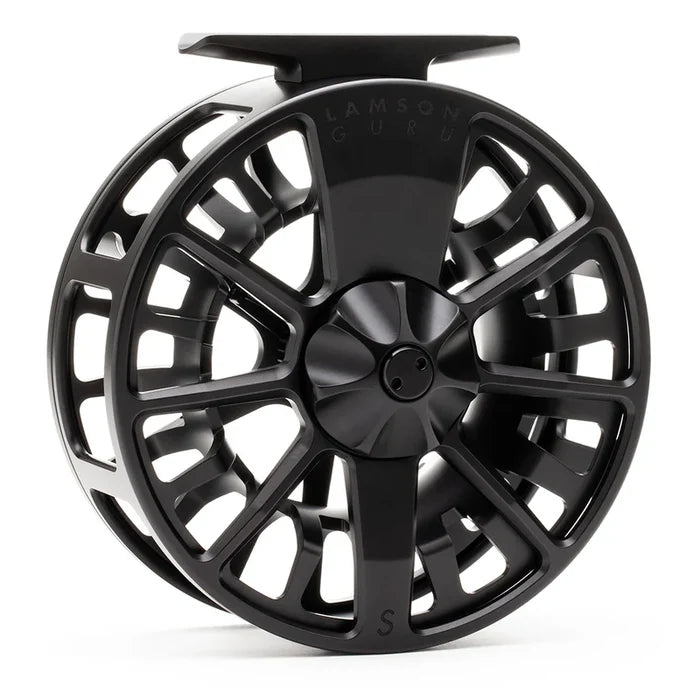 Close-up of a sleek black Lamson Guru S HD Fly Reel featuring a lightweight, durable construction with a ventilated spool design for smooth fishing tackle performance.