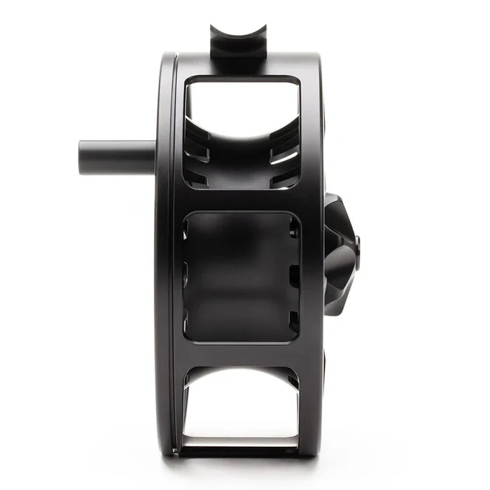 Side view of a sleek, black Lamson Guru S HD Fly Reel showing its machined aluminum frame, large arbor spool, and ergonomic drag knob designed for smooth fishing tackle performance.