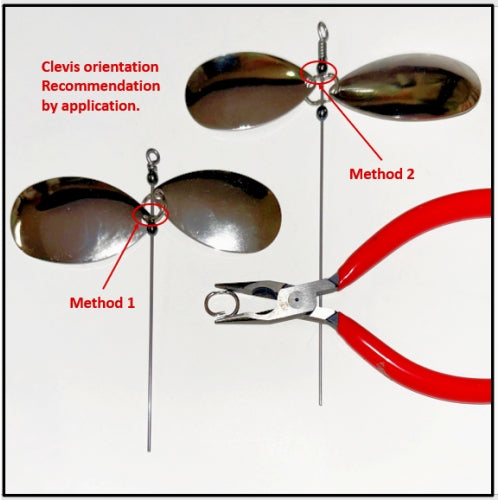 Close-up of two metal fishing clevises with spinner blades attached to thin wire shafts, labeled to show "Method 1" and "Method 2" for clevis orientation, alongside red-handled pliers, demonstrating setup for Leaders & Lures - Illini Clevis.