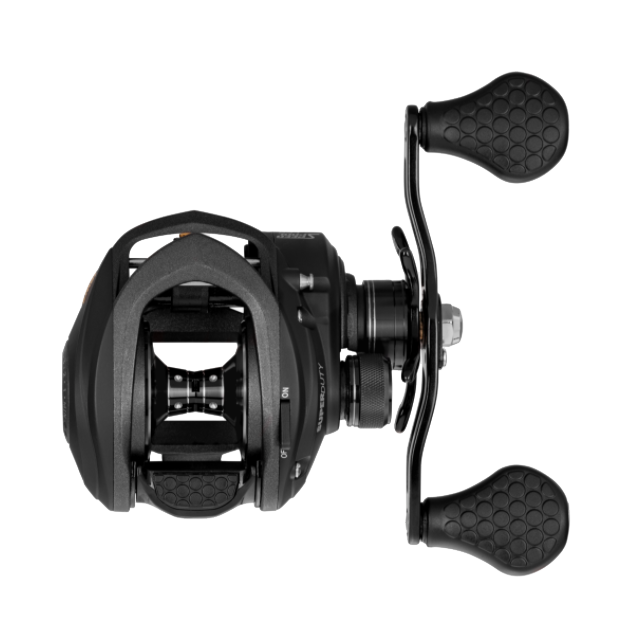 Lew's Super Duty LFS Casting Reel in black, featuring a compact design with textured ergonomic handles and adjustable tension settings for smooth fishing tackle performance.