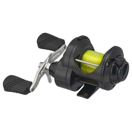 Lew's Wally Marshall Signature Series Crappie Reel in black with dual ergonomic handles and bright yellow fishing line, designed for precise freshwater fishing.