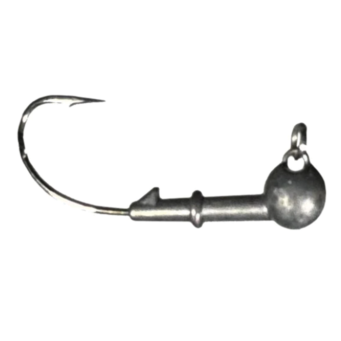 Close-up of a single metallic fishing jig head with a curved sharp hook and round weighted ball designed for fishing lure attachments, shown against a white background, representing Limitless Felix's Dream Stroller.