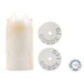 Close-up image of a smooth, white cylindrical fishing lure component and two white circular discs labeled "COBOX 7G" and "COBOX 14G," part of the Livingston Lures Bullet Predator (In-Line Sound Bullet) fishing tackle.