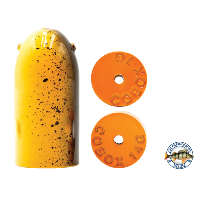 Yellow and orange fishing lure components including a yellow bullet-shaped body with black speckles and two orange circular discs marked "COBOX 14G," part of the Livingston Lures Bullet Predator (In-Line Sound Bullet).