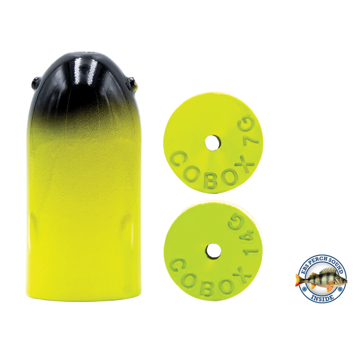 Livingston Lures Bullet Predator (In-Line Sound Bullet) fishing lure in a yellow and black gradient finish with two yellow plastic sound discs marked COBOX, designed for enhanced fishing tackle performance.