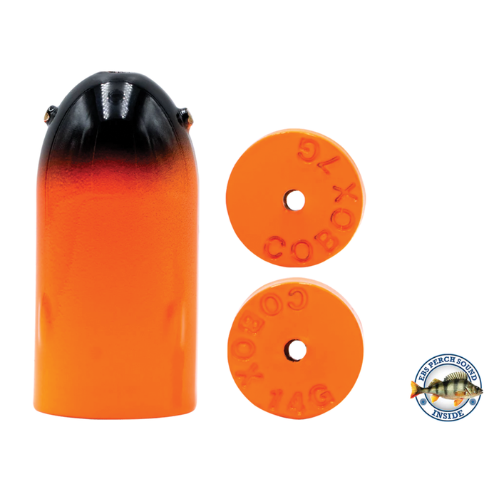 Livingston Lures Bullet Predator (In-Line Sound Bullet) fishing lure featuring a black and orange cylindrical body with two matching orange sound discs, designed for musky fishing tackle.