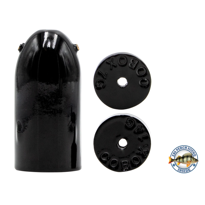 Livingston Lures Bullet Predator (In-Line Sound Bullet) in glossy black finish, consisting of a bullet-shaped main piece and two round sound components designed for musky fishing tackle.