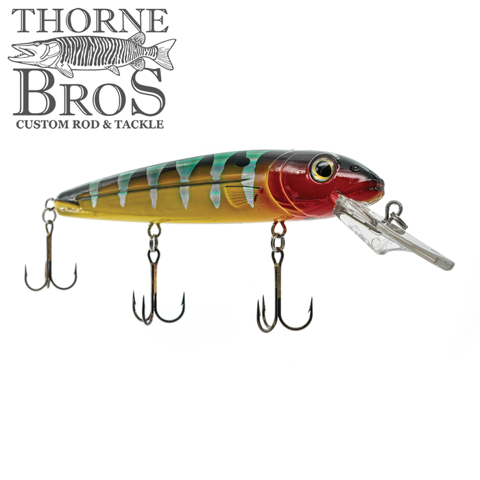 Livingston Lures Rachel 192 fishing lure with a green, yellow, and red body featuring three black treble hooks and a clear diving lip for musky fishing.