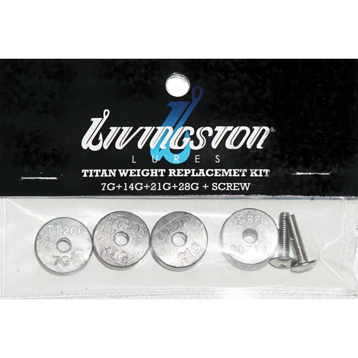 Livingston Lures Titan Weight Kit showing four round metal weights in varying sizes labeled 7g, 14g, 21g, and 28g with two metal screws, packaged on a black card with Livingston Lures branding.