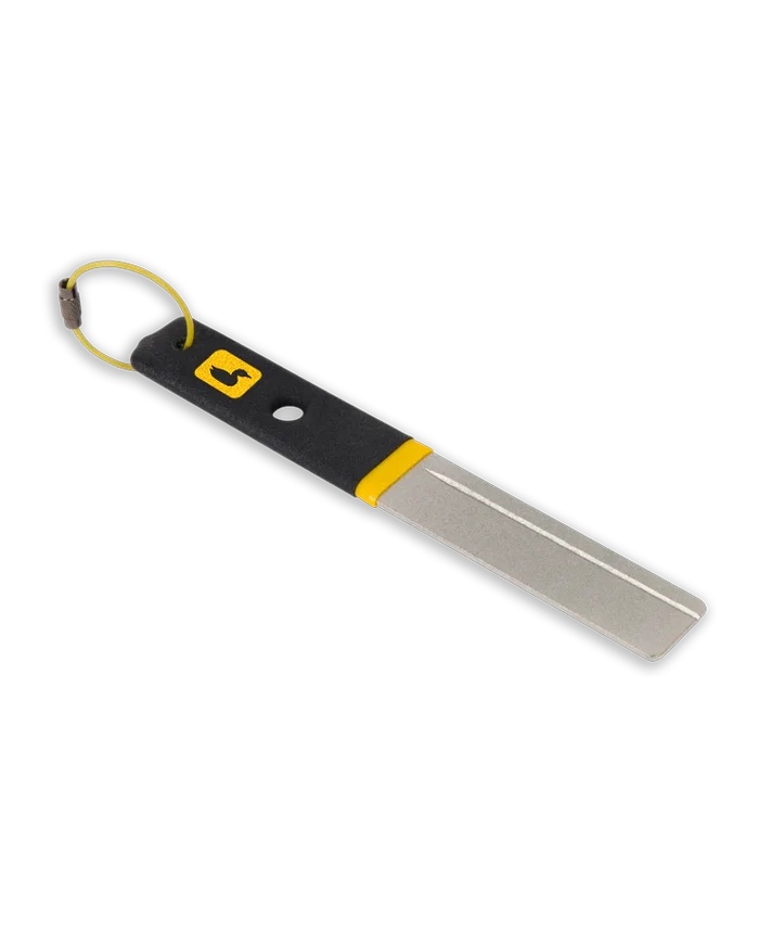 Loon Apex Hook Hone XL fishing hook sharpener with black ergonomic handle, yellow accent, and metal honing surface, designed for precise hook maintenance.