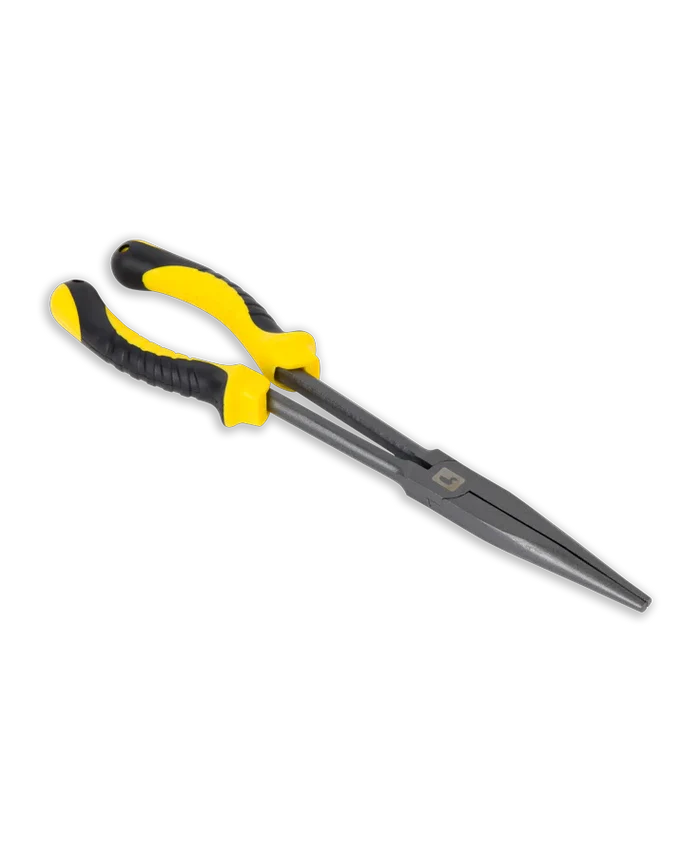 Loon Apex Needle Nose Pliers with long, narrow, black metal jaws and ergonomic yellow and black rubberized handles for precision fishing tackle use.