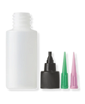 Loon Applicator Bottle with a clear plastic body, black screw-on cap, and two precision green and pink applicator tips designed for controlled dispensing of fishing tackle adhesives and liquids.