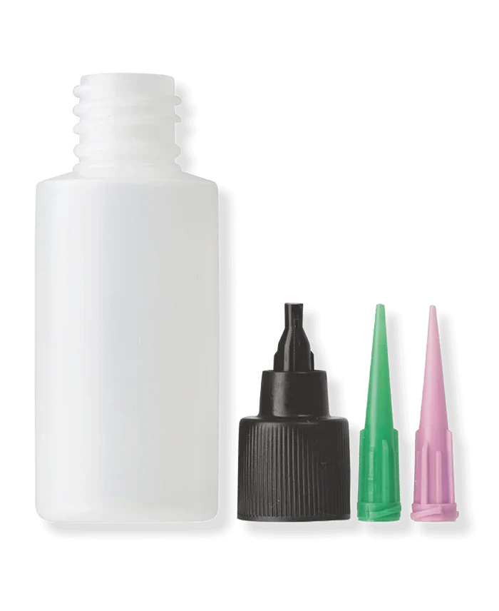 Loon Applicator Bottle with a clear plastic body, black screw-on cap, and two precision green and pink applicator tips designed for controlled dispensing of fishing tackle adhesives and liquids.