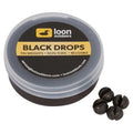 Loon Black Drops tin weight refill tub with four small, round, black, reusable and non-toxic fishing weights ideal for fishing tackle.