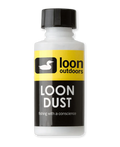 Small white plastic bottle with black cap labeled Loon Dust by Loon Outdoors, featuring yellow and black branding, used as fishing tackle accessory for scent application.