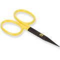 Loon Ergo Fly Tying Scissors with bright yellow ergonomic handles and sharp pointed black blades designed for precision cutting in fly fishing tackle and fishing lures.