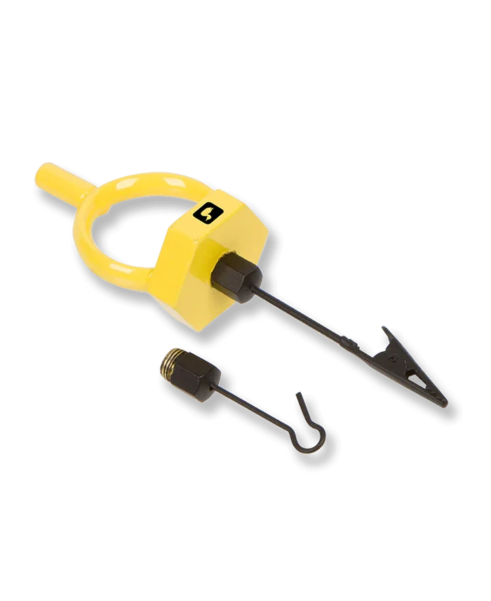 Loon Gator Grip Dubbing Spinner in yellow with a circular handle, a black clip, and two small detachable black components designed for fishing tackle use.