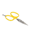 Loon Outdoors Tungsten Carbide Scissors w/ Precision Peg featuring yellow ergonomic handles and sharp stainless steel blades designed for precise cutting in fishing tackle and fly fishing applications.
