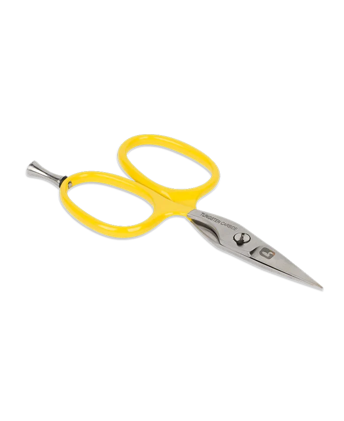 Loon Outdoors Tungsten Carbide Scissors w/ Precision Peg featuring yellow ergonomic handles and sharp stainless steel blades designed for precise cutting in fishing tackle and fly fishing applications.