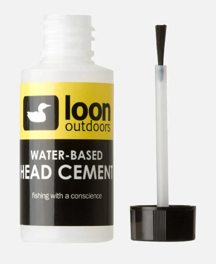 Loon Water Based Head Cement System bottle with brush applicator, designed for securely attaching fishing flies, featuring water-based formula for eco-friendly fishing.