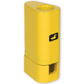 Yellow compact plastic tool with a rounded top hole and a small rectangular opening at the base, featuring a black logo of a duck, designed for organizing fishing hair materials named Loon Zippy Hair Stacker.