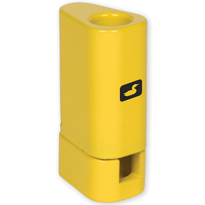 Yellow compact plastic tool with a rounded top hole and a small rectangular opening at the base, featuring a black logo of a duck, designed for organizing fishing hair materials named Loon Zippy Hair Stacker.